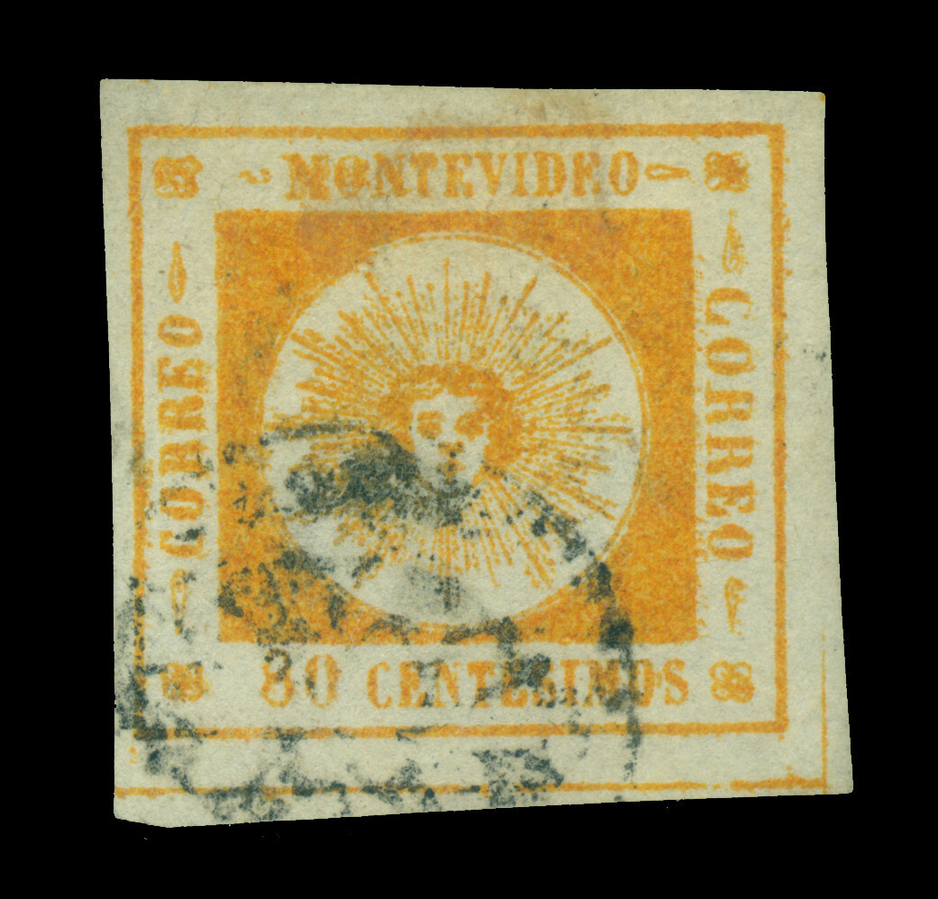 URUGUAY  1859  SUN   80c orange   Scott # 8  used VF/XF