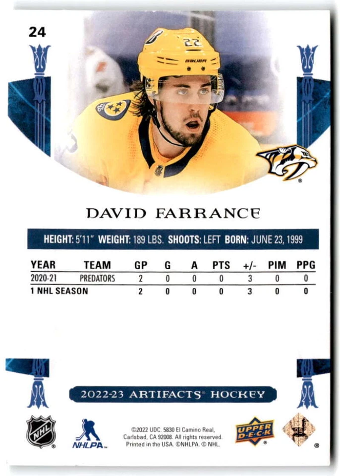 2022-23 Upper Deck Artifacts #24 David Farrance  Nashville Predators Hockey  - Image 2 of 2
