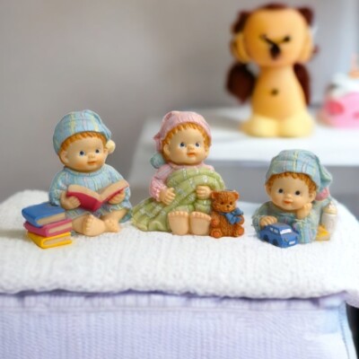 Lot of 3 Little Kids Plaster Figurines Twin Boys and Girl Playing Reading 2.5''