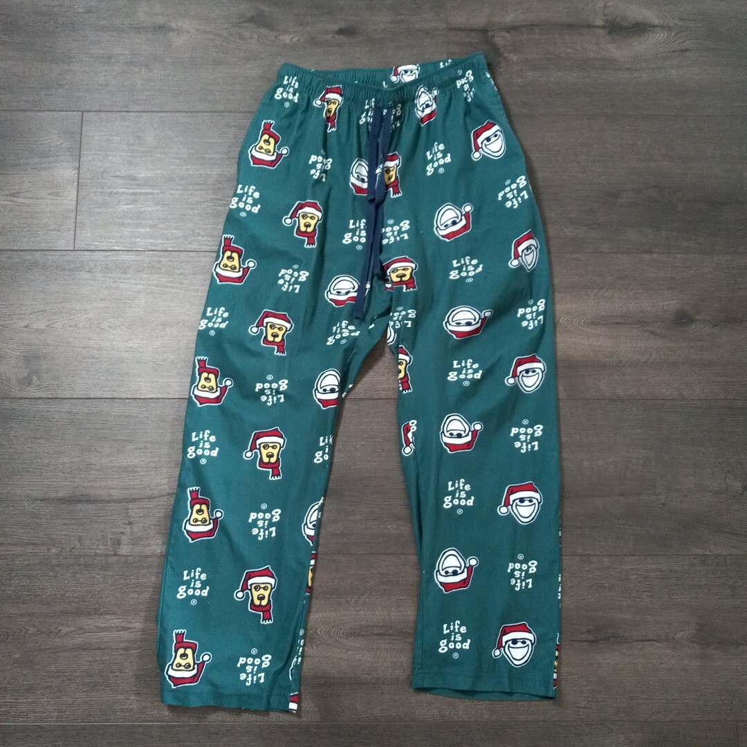 Life Is Good Pajama Pants Mens Size Medium Christmas Santa Dog Green eBay