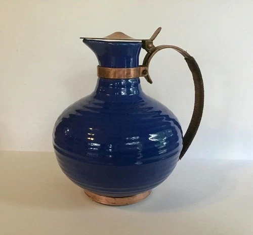 Vintage Bauer Pottery Blue Coffee Tea Carafe Pitcher, Ring Ware, EUC