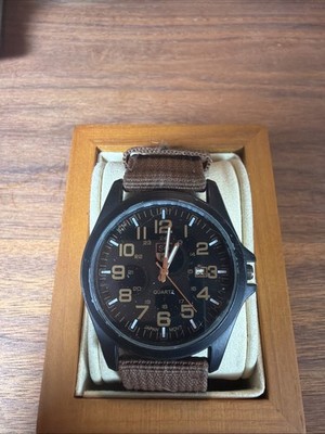 New SOKI Wristwatch Black Face Brown Strap Casual Sport Needs New Battery