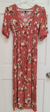 Faded Rose Midi Dress Pink Floral Smocked V-neck Side and Front Slit  L