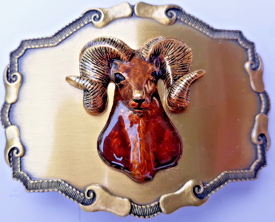 1978 Raintree gold brass belt buckle big horn ram head enamel 3.75'' long