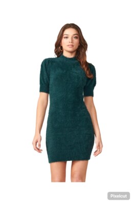 NWT Adelyn Rae Delia Fuzzy Knit Stretchy Mini Dress Open Back Forest Green  Small | eBay