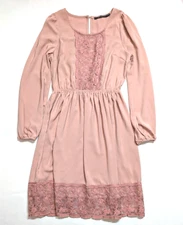 Doe & Rae Women Pink Floral Embroidered Long Sleeve Lace A-Line Dress Size Small