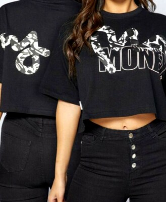 New Womens Money Cropped Marble T-Shirt Black  Size L