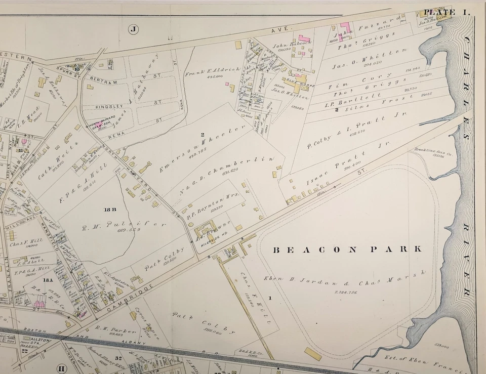 Antiguo mapa coloreado a mano de Brighton Massachusetts Ward 25 placas I Bromley del siglo XIX Foto 4 de 4