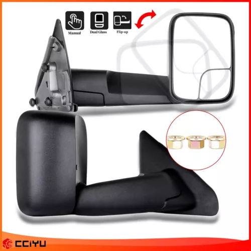 Pair Manual Towing Mirrors For 02-08 Ram 1500 03-09 2500 3500 Side View Mirrors