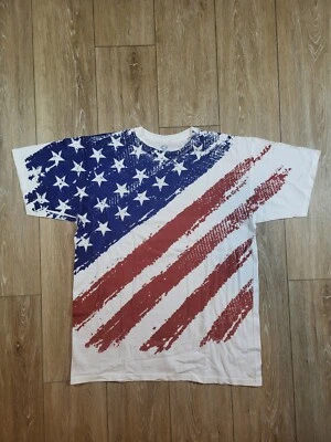 💥Tee Shirt Liquid Blue 90's American Flag 100% Coton Size XL 📏 - Photo 1/4