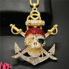 New Fashion Women Red Cool Pirate Skull Rudder Crystal Pendant Chain Necklace