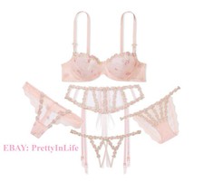Victoria's Secret Dream Angels unlined bra set embroidery pink rose bud sheer