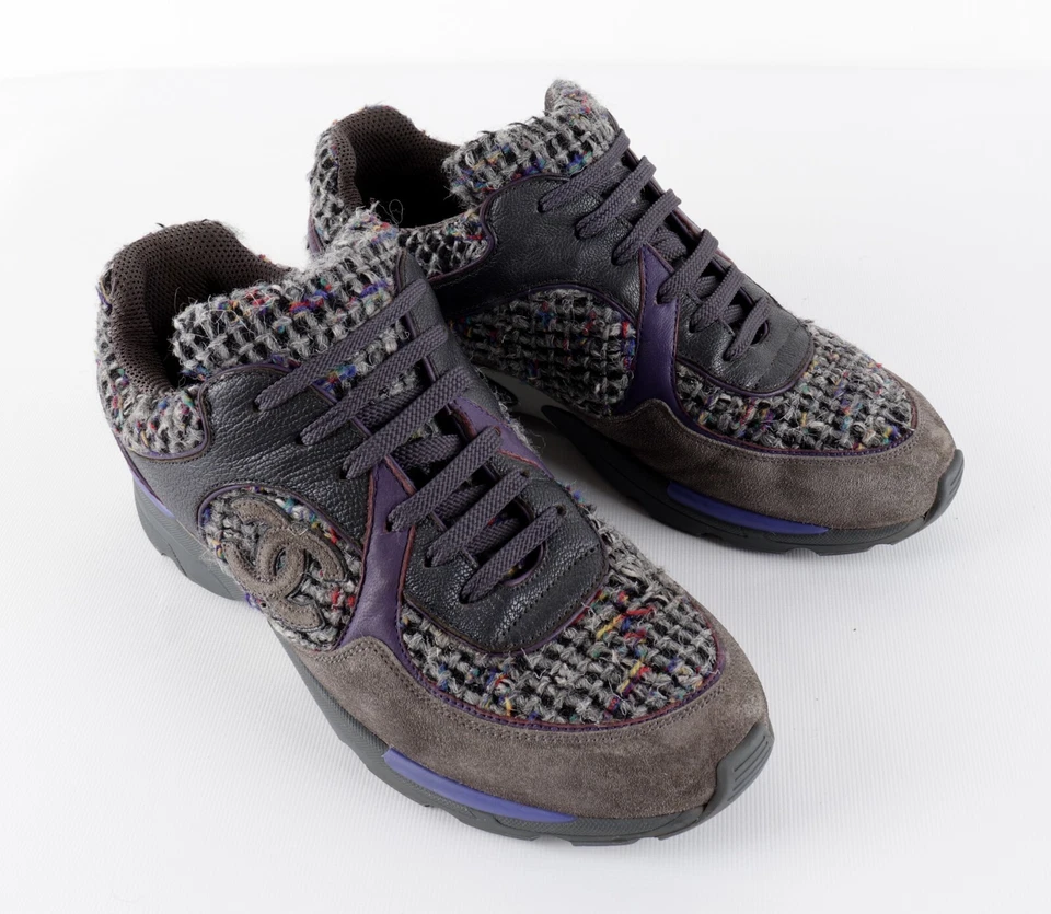 Tenis Chanel Talla 38 CC Logo Multicolor Tweed Gris Gamuza Cuero Púrpura Foto 3 de 4