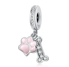 925 Sterling Silver Pink Dog Paw & Cubic Zirconia Bone Dangle Bracelet Charm