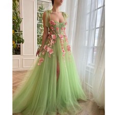 Mint Green Tulle Prom Dresses Spaghetti Straps With Bow 3D Flowers A-Line Gowns