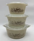 VTG Pyrex Forest Fancies Mushroom Covered Casserole 3 Set w Lids  473B 474B 475B