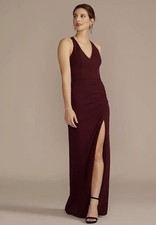 David’s bridal dress maroon dress Ruched Crepe Halter Neck Sheath with Slit