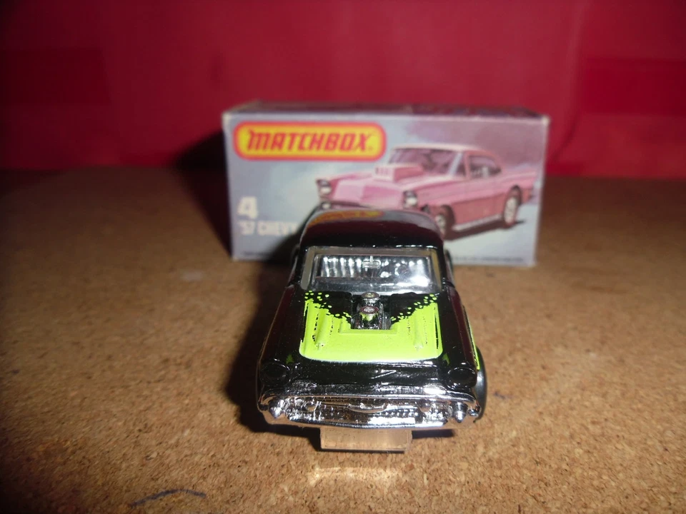 HTF U.S. Issue Matchbox 75 #4-'57 Chevy,Rare Black+Neon Yellow Design,MIEB,NOS. - Image 3 of 4