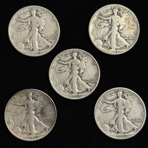 5 Lot - 1943 Walking Libertys - Fine Condition - 90% Silver 50 Cent Pieces