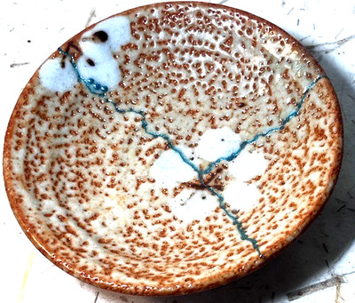 Kintsugi Japanese style repair technique,handmade studio pottery dish , VG