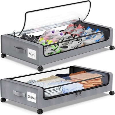 Under Bed Storage with Wheels 2-Pack Underbed Containers Clear Lids Shoe