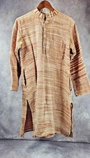 Men s Kurta Tunic Long Shirt Brown Striped Cotton Indian Ethnic Wear
