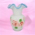 Milk glass vase with hand-painted roses and blue ruffled rim, Fenton-style