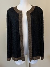 VTG Laurence Kazar Sz XL Black Gold Open Front Sequined Beaded 100 Silk Jacket