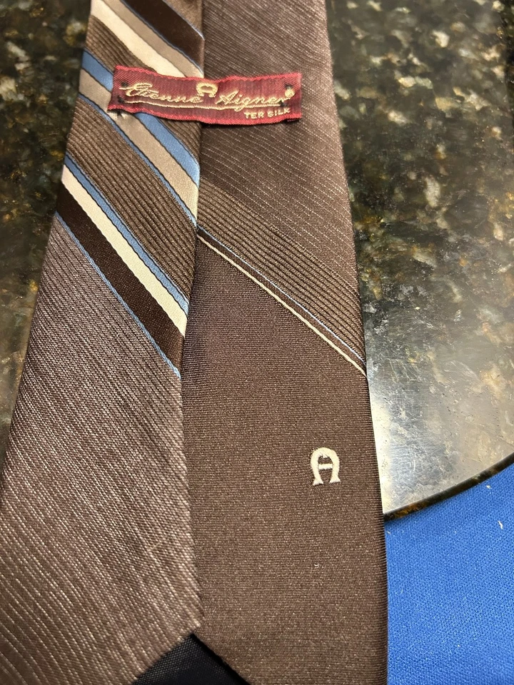 Corbata para hombre Etienne Aigner marrón azul a rayas 57-60" 100 % seda Foto 3 de 4