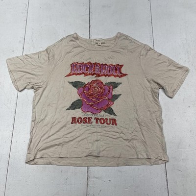 Rock & Roll Rose Tour Shirt Womens Medium Beige Graphic Glitter Tee Casual