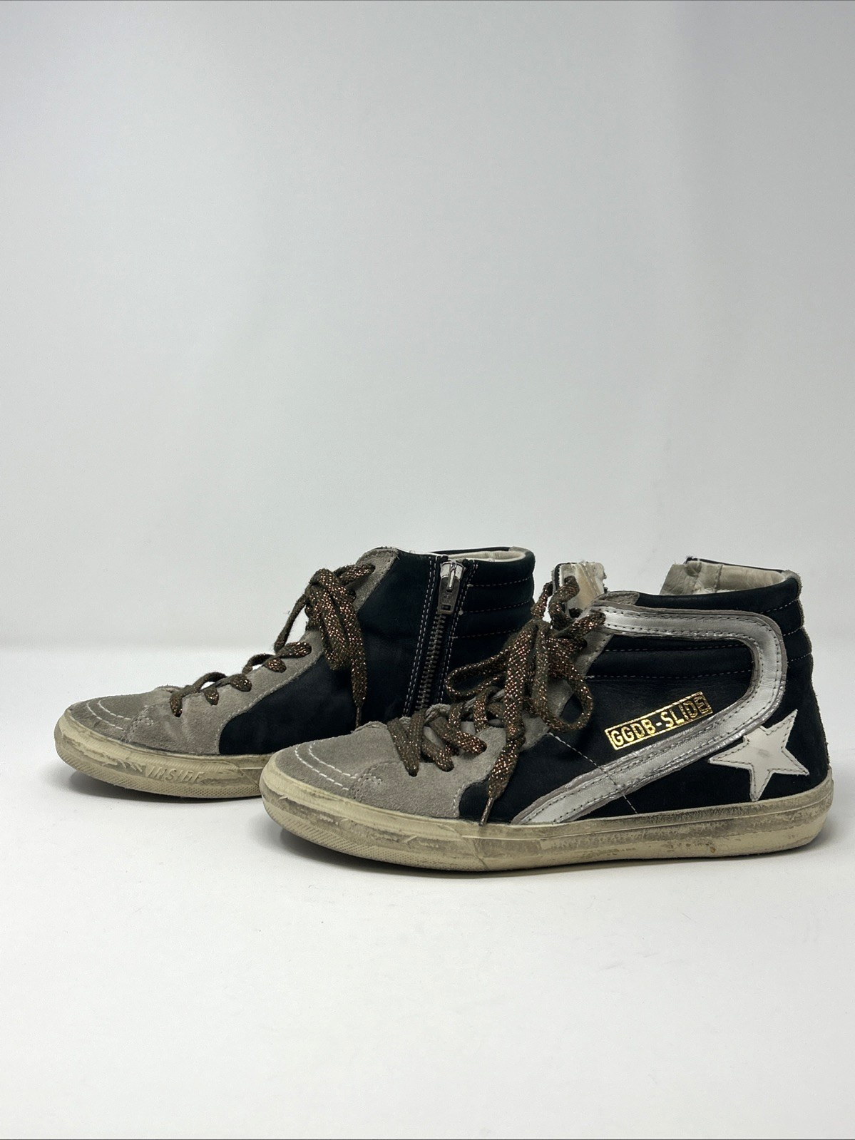 GOLDEN GOOSE GGDB SLIDE Black/White/Grey Suede Sneakers Gold Laces EU:37 US:7