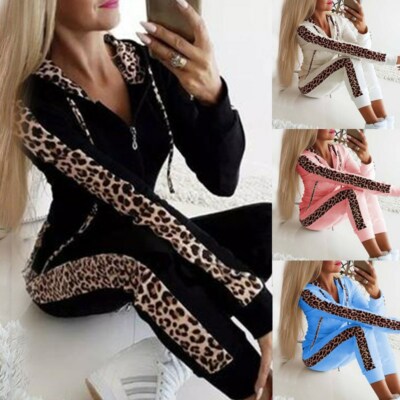 Ladies Leopard Print Tracksuit Hoodies Pants Set Lounge Wear Suit