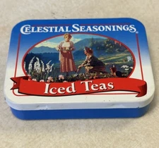Celestial Seasonings Iced Teas Tin EMPTY Ladies Gardening Mountains Blue White