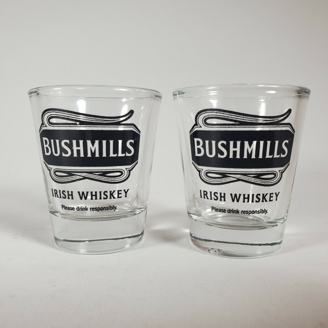 BUSHMILLS IRISH WHISKEY SHOT GLASSES NEW SET of 2 CLEAR w/BLACK