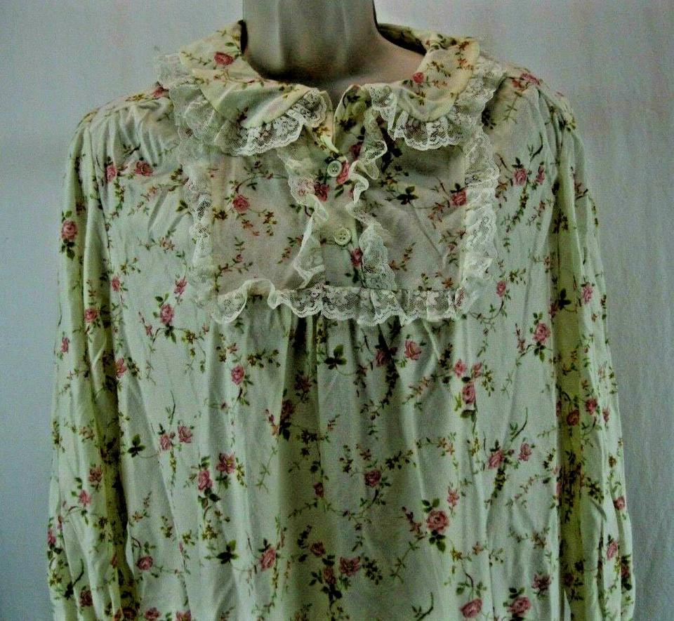 DE COLECCIÓN RAYMODES MUJER Talla Pequeña Crema/Rosas Rosas Usado en Excelente Condición! Camisón largo con ribete de encaje L/S Foto 2 de 4