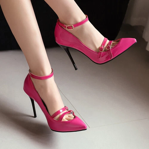 Womens Plus Size Mary Jane High Heel Pointed Toe Ankle Strap Shoes Stiletto Pump - Picture 17 of 23