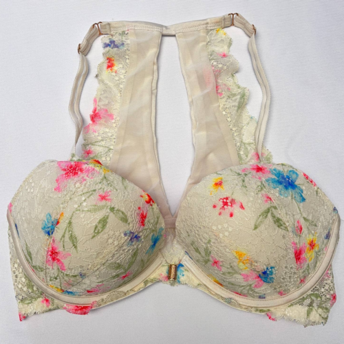 PINK Bra Women's 34D Date Push Up Front Close Lace Back White Multicolor Floral  - Picture 1 of 10