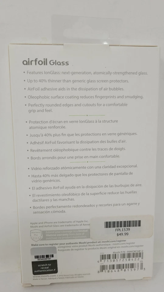 Protector de pantalla de vidrio Moshi AirFoil para Apple iPhone 8 Plus, 7 Plus 6/6s Plus Foto 2 de 2