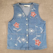 Vintage 90s SUSAN BRISTOL Floral Embroidered Button Front Denim Vest Size Med