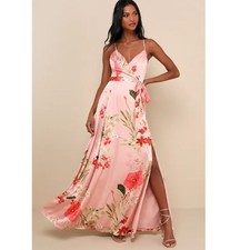 Lulus Still The One Blush Pink Floral Satin Strappy open back Maxi Dress XS