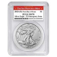 2021 (S) $1 Type 2 American Silver Eagle PCGS MS70 Emergency Issue FDOI San