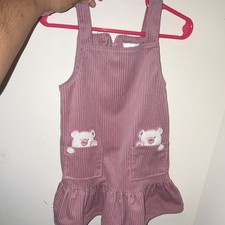 Lune Editions Girls Pink Corduroy Pinafore Dress Bear Embroidered Pockets
