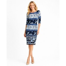 Eliza J Sheath Dress Womens Sz 10 Blue White Floral Stretch 3/4 Sleeves Back Zip