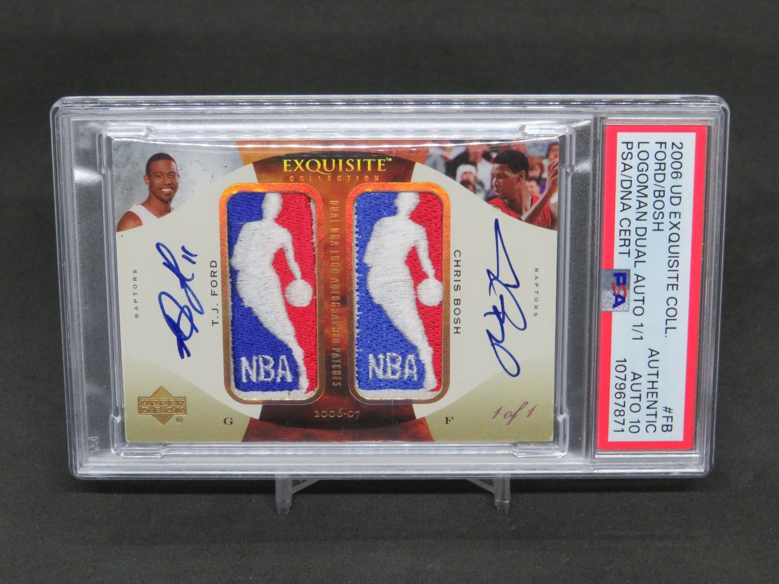 2006 UD EXQUISITE CHRIS BOSH TJ FORD GAME USED LOGOMAN AUTO 1/1 PSA AUTH AL2