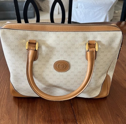 Gucci Authentic Brown Tan Leather Canvas Logo Satchel Purse Handbag
