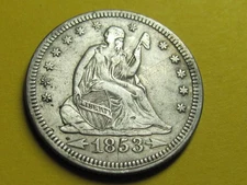 1853/4 LIBERTY SEATED QUARTER  TOUGH OVERDATE FS-301