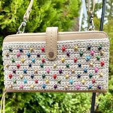 The Sak Iris Crochet Beaded Wristlet Purse Ecru Color Multi Beads Card Slots EUC