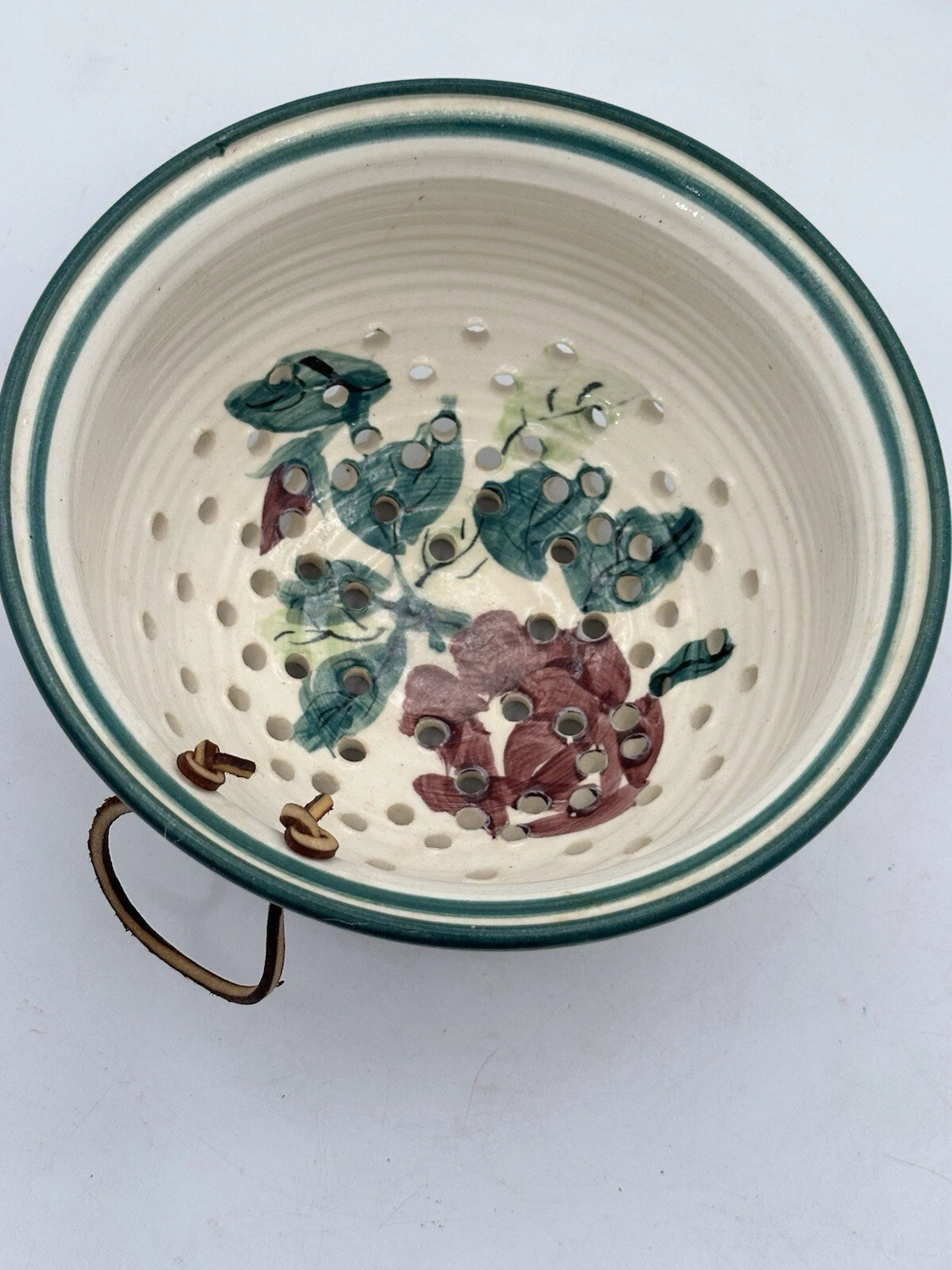 Colander Berry Strainer Bowl Hand Crafted And Painted Stoneware Leather Handle