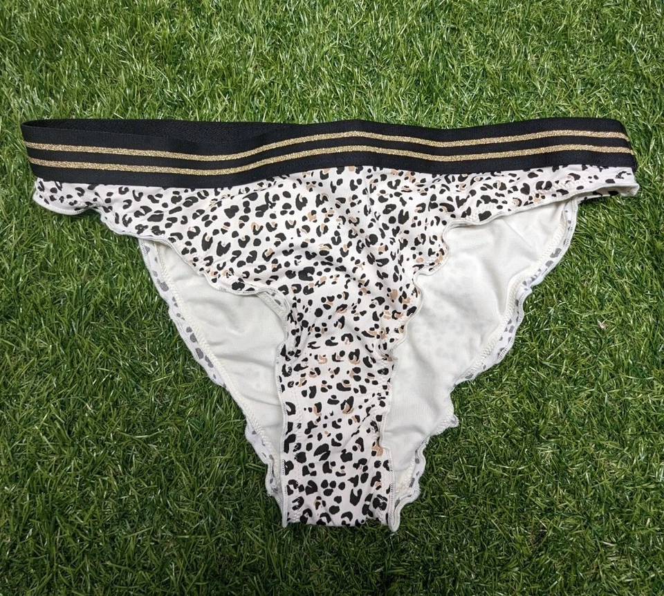 Bikini para mujer H&M blanco estampado de leopardo brillo dorado con volantes talla 10 nuevo con etiquetas Foto 2 de 4