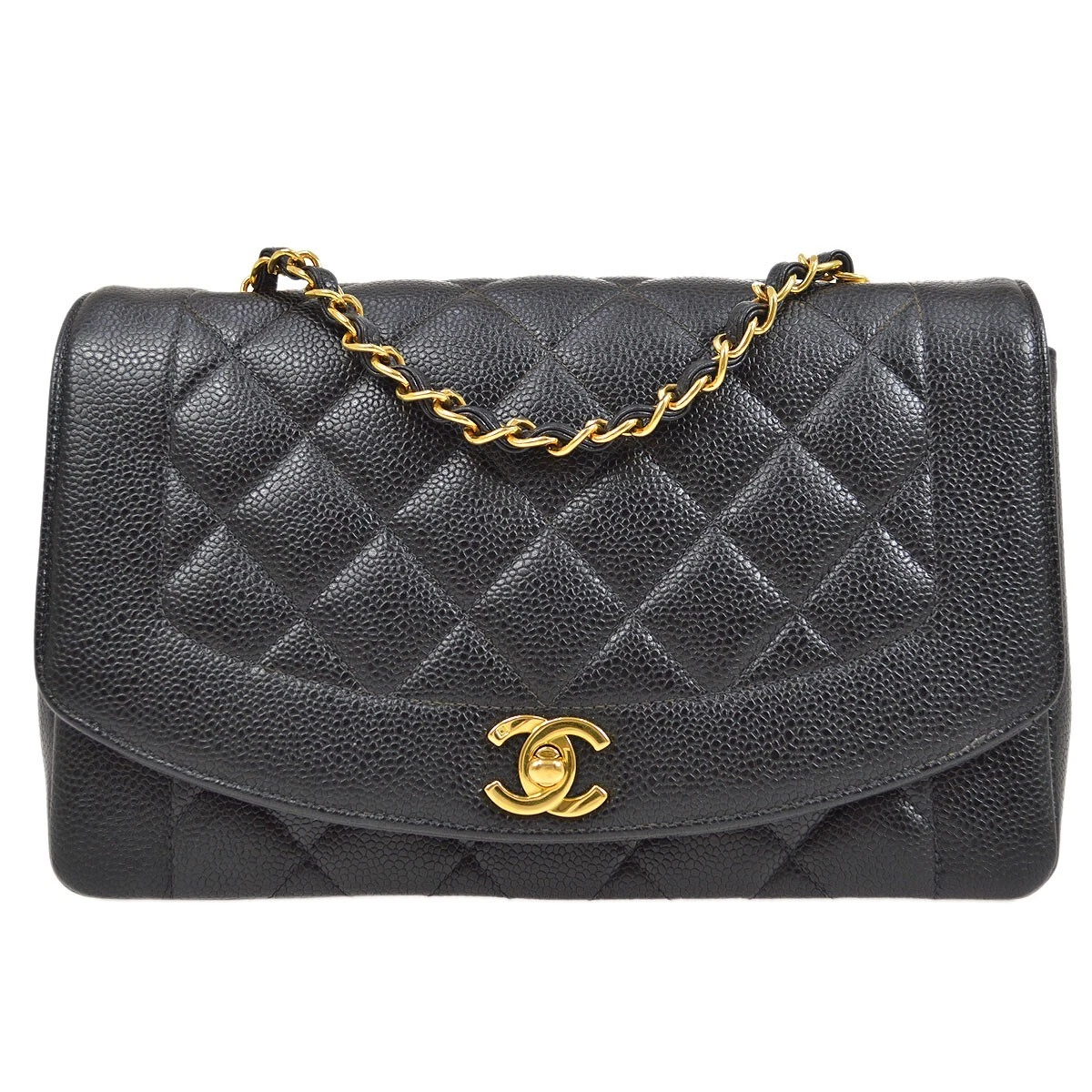 Vintage Chanel Medium Diana Flap Bag Black Caviar Gold Hardware in